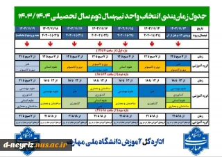 جدول زمان‌بندی انتخاب واحد نیم‌سال دوم سال تحصیلی ۱۴۰۳/۱۴۰۴ (بهمن ۱۴۰۳ - ۰۳۲)