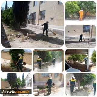 پاکسازی محوطه آموزشکده توسط نیروهای خدماتی وپارکبانان شهرداری نی ریز
